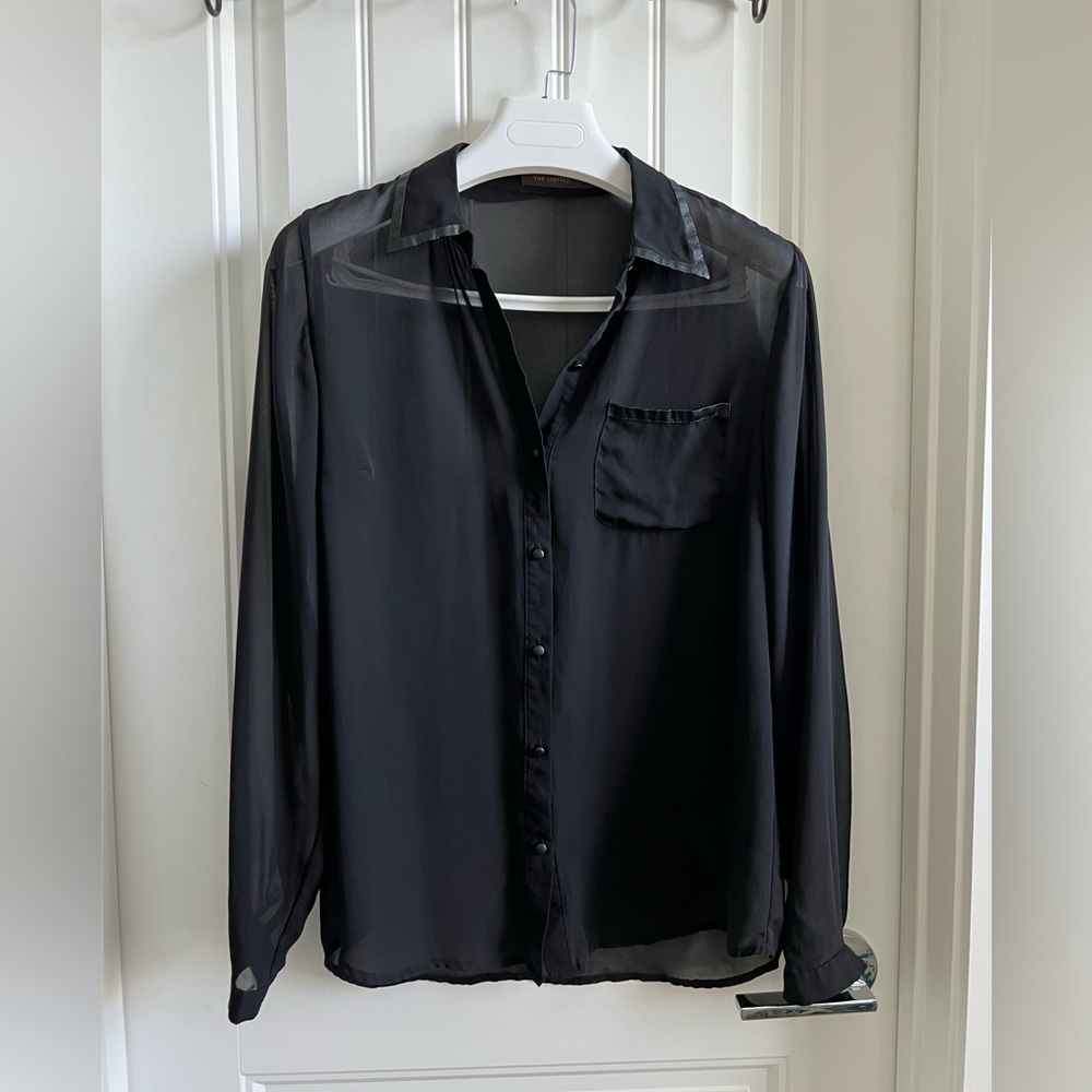 The Limited Black, Sheer, Button-Down Blouse with Faux Leather Details